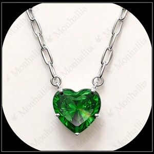 New Silver Emerald Bling Crystal Heart Paper Clip Chain Necklace